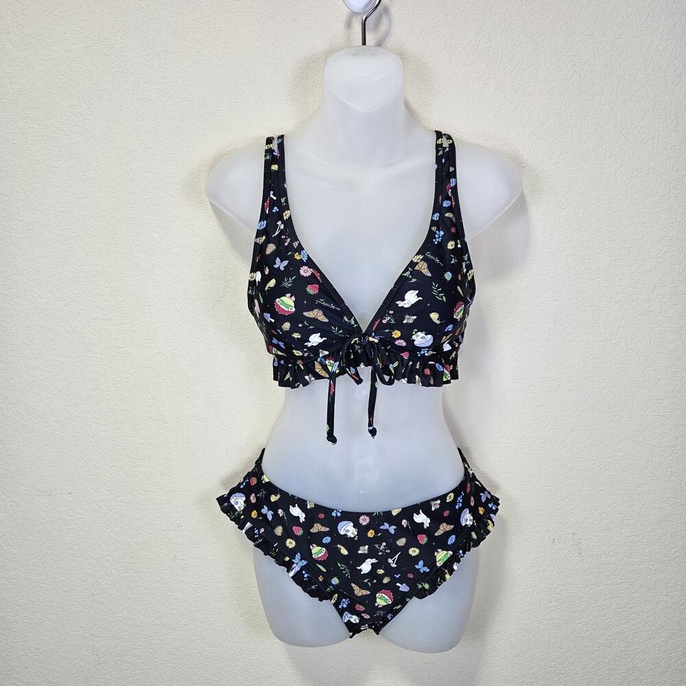 Hot Topic Fairy Bikini Set S Black Mushroom Gothic Garden Ruffle Vacation Retro